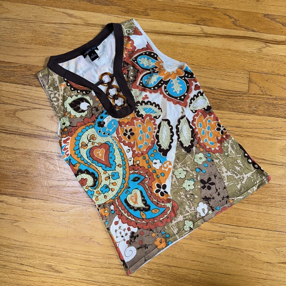 Y2K Vintage August‎ Silk Knit Tank Top S Multicolor Paisley Print Boho Retro